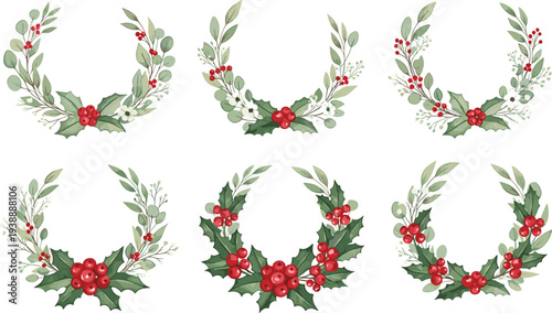 Set of Hand Drawn Christmas Floral Wreaths with Holly Berries and Green Leaves for Elegant Holiday Wedding Invitations, Greeting Cards, and Festive Branding