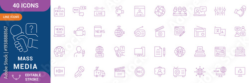 Mass Media Icon Set. Containing Mass media, journalism, news, TV show, program, report, video, interview, newspaper, headline, press, camera, microphone, live stream, studio and etc. Editable stroke.