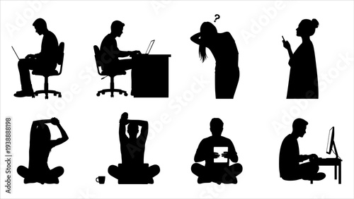 Silhouetted people working and meditating in various postures, showcasing different activities and poses in a minimalist illustration.