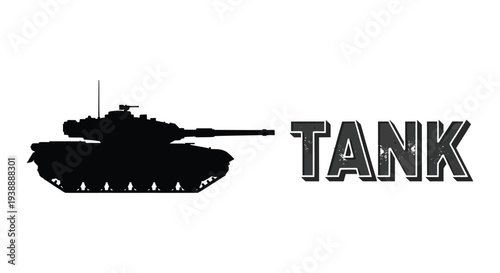A stark black silhouette of a military tank accompanied by bold capitalized lettering silhouette