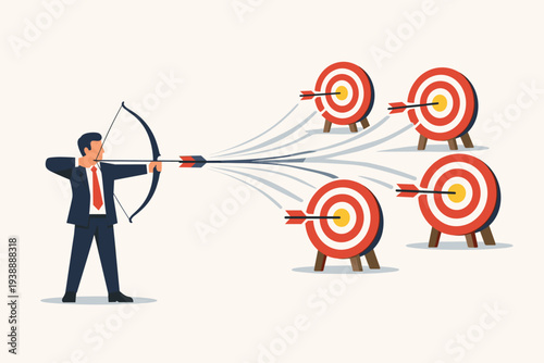 Businessman shooting a single arrow that splits to hit multiple targets simultaneously, representing business efficiency, multitasking, strategic advantage, and achieving goals with ease.