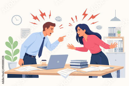 Professional Office Conflict Illustration with Man and Woman Arguing Loudly, Workplace Stress, Heated Dispute, Angry Colleagues Shouting, Business Disagreement, and Hostile Work Environment.