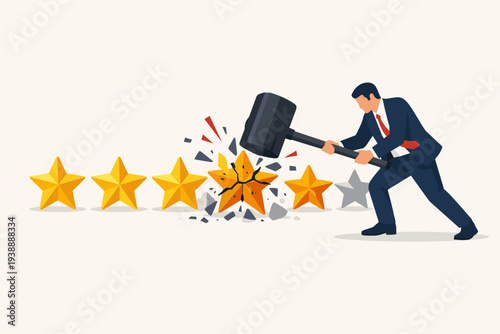 Businessman Smashing Gold Star with a Large Mallet Representing Downgrade of Credit Rating, Reputation Damage, Negative Feedback, Loss of Trust, and Decreasing Customer Satisfaction Score.