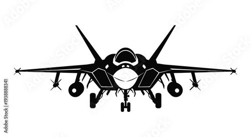 A striking front view of a fighter jet boldly outlined in black a dramatic silhouette