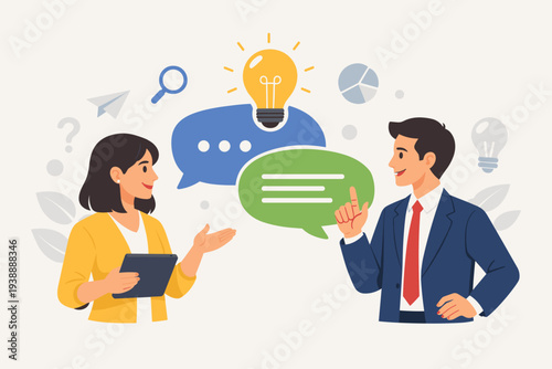 Professional business man and woman discussing new ideas and brainstorming with speech bubbles and lightbulb icons. Concept of effective communication, teamwork, and creative collaboration.