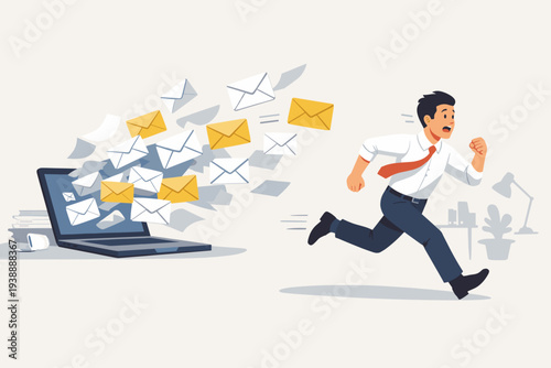 Stressed businessman running away from a laptop overflowing with countless email envelopes, representing email overload, digital stress, junk mail, and poor time management in a modern office.