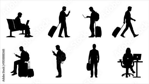 Man traveling with luggage in various actions depicted in silhouette against a clean background