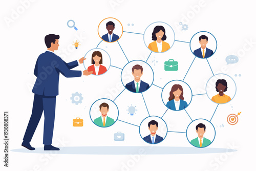 Human Resources Management Concept with HR Manager Organizing Diverse Professional Team Network. Leader Connecting Employees in Organizational Structure for Business Success and Recruitment.