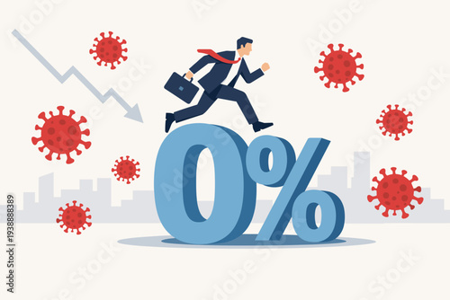 FED Federal Reserve cut interest rate to zero percent due to COVID-19 coronavirus outbreak economic crisis. Businessman running on 0% sign with falling stock market arrow and virus icons vector.