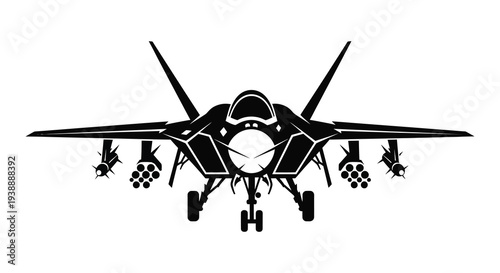 A striking front view of a modern fighter jet depicted as a bold silhouette high quality