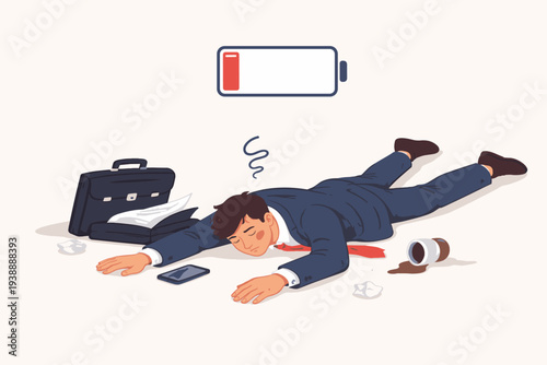 Exhausted Businessman Lying on the Floor with Low Battery Icon, Representing Professional Burnout, Chronic Fatigue, and Overwork. Concept of Stress, Lack of Energy, and Mental Exhaustion at Work.