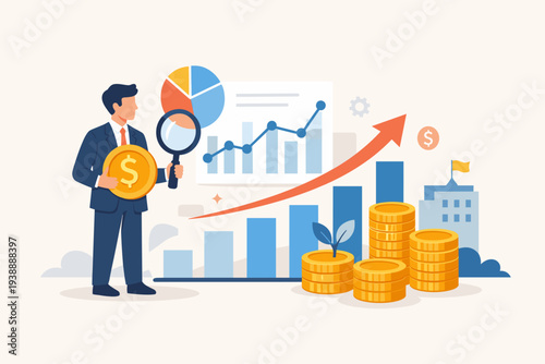 Businessman analyzing financial market investment and earning with magnifying glass, money management, economic growth, stock exchange market, data analysis, profit increase, and wealth creation.