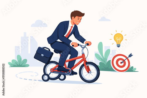 Entrepreneur in a suit riding a small bicycle with training wheels towards a target and lightbulb icon, symbolizing business practice, career growth, learning, effort, and starting a new journey.