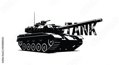A striking black and white illustration of a military tank featuring a bold silhouette high quality