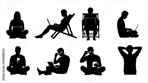 Silhouetted people in various seated poses and relaxation techniques are depicted in a minimalist vector illustration.