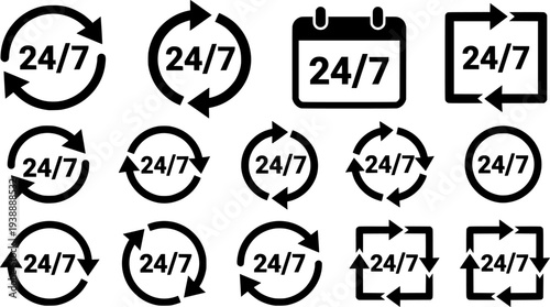 Set of six minimalist black and white 24/7 service and support icons illustrating always available assistance and availability for businesses
