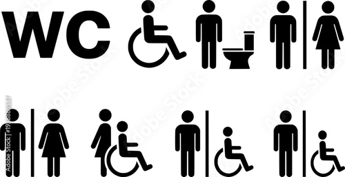 Black and white toilet signs for accessible facilities including wc and wheelchair accessible facilities for both men and women
