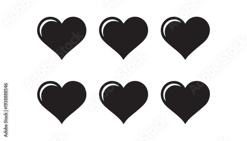 black color heart shape set of silhouette vector illustration, solid white background