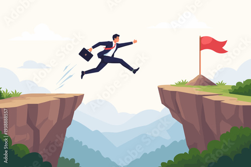 Ambitious businessman jumping across a mountain chasm to reach a red flag, symbolizing risk taking for opportunity, career success, determination, and courage to overcome difficult challenges.