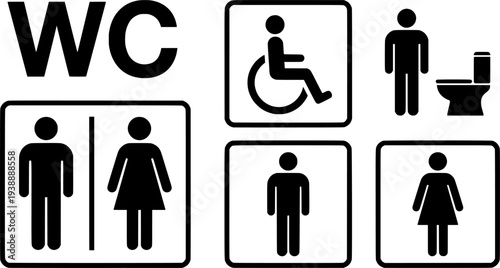 Black and white toilet signs for accessible facilities including wc and wheelchair accessible facilities for both men and women
