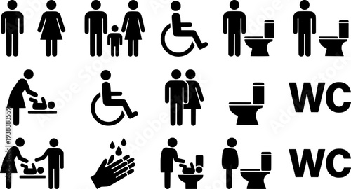 Black and white toilet signs for accessible facilities including wc and wheelchair accessible facilities for both men and women
