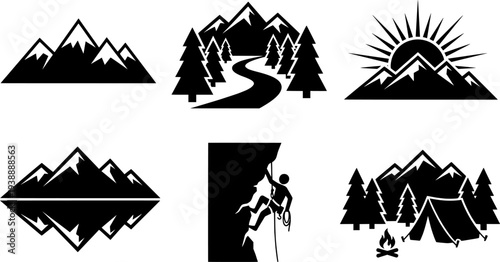 Mountain climbing and landscape icons in black and white
