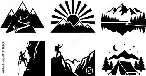 Mountain climbing and landscape icons in black and white
