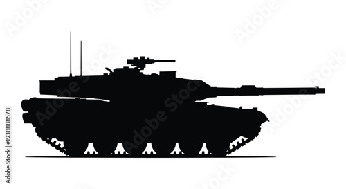 A stark black silhouette of a modern main battle tank displaying powerful weaponry silhouette high quality