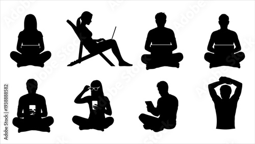 Various individuals practicing yoga and meditation in different poses and silhouettes