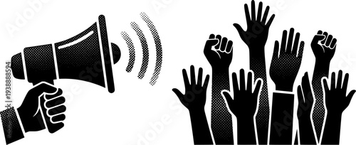 Halftone of a Megaphone and Raised Fists Symbolizing Protest and Activism
