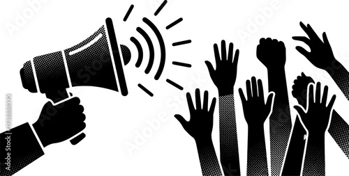 Halftone of a Megaphone and Raised Fists Symbolizing Protest and Activism
