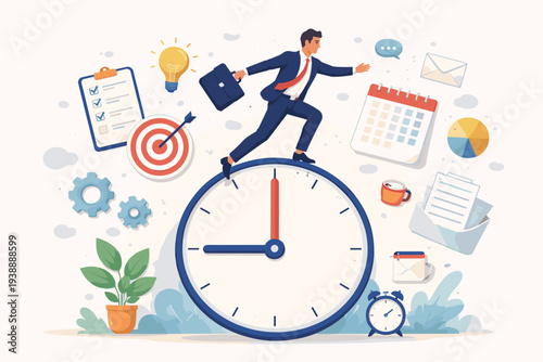Businessman running on a giant clock for time management and work efficiency concept. Professional multitasking with productivity icons like calendar, checklist, target, lightbulb, and briefcase.