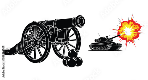 A vintage cannon and modern tank engage in conflict depicted in stark black silhouette high quality