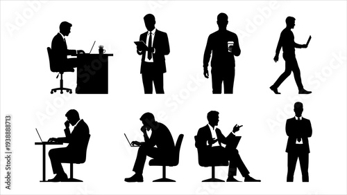 Silhouetted business professionals working and communicating in various office environments and postures