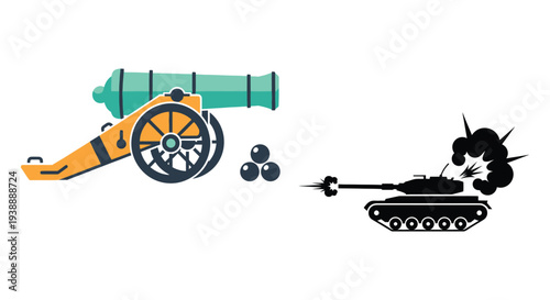 A historical cannon beside a modern tank with an explosion depicted as a dark silhouette