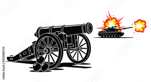 A historical cannon and modern tank engage in conflict depicted in a striking silhouette high quality