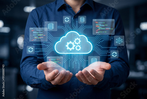 Cloud native development. Programmer developing applications for cloud computing. Cloud icon and source code illustrations.