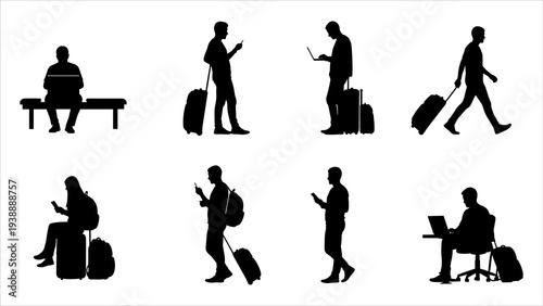 Collection of silhouetted travelers with luggage in various poses and actions, worker-34.eps style, on a clean background from different viewpoints