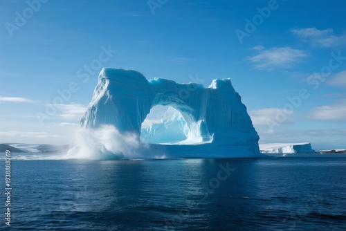 A large iceberg with a natural arch formation floating in calm polar waters under a clear blue sky.