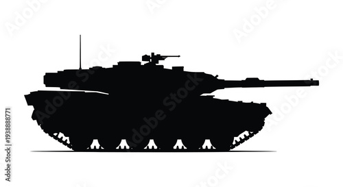 A stark black silhouette of a modern main battle tank displaying powerful military hardware silhouette