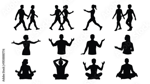 Collection of black silhouettes featuring people exercising and practicing yoga in various poses on a white background