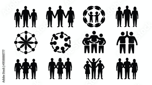 Set of black silhouettes depicting teamwork and unity diverse group interactions on white background business and social concepts