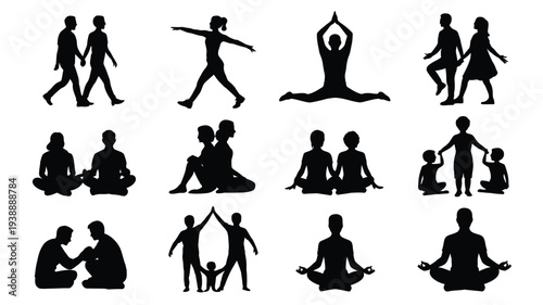 Collection of black silhouettes featuring people practicing yoga meditation and various exercises on a white background showcasing different poses and activities