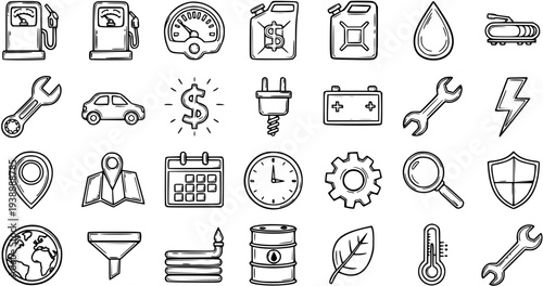 Hand-drawn Automotive Industry Doodle Icons Set. Car, Fuel, Mechanics, and Energy Black and White Sketch Line Art Symbols Collection.
