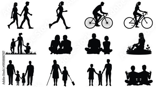 Collection of black silhouette icons depicting people engaging in various activities like exercising cycling and family bonding on a white background