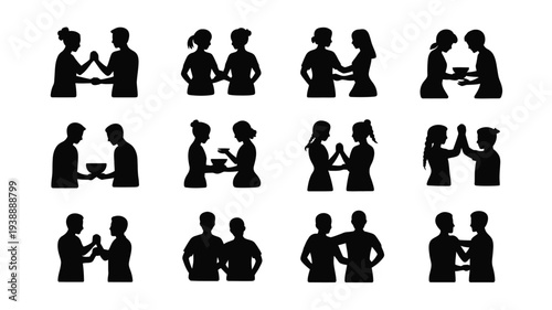 Collection of black silhouettes showing people interacting communicating and collaborating in various social and professional settings