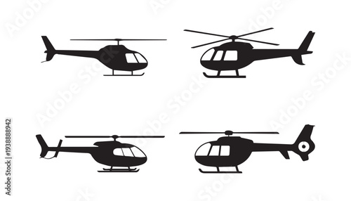 black color helicopter set of silhouette vector illustration, solid white background