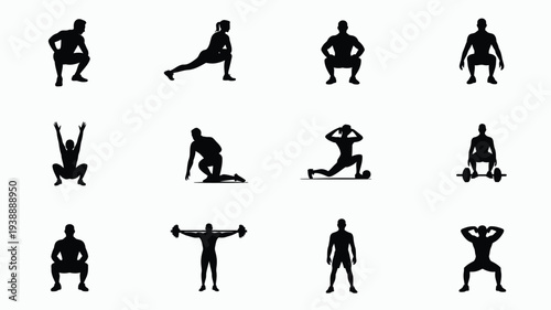 Collection of 12 minimalist fitness icons featuring silhouettes of people exercising with dumbbells and bodyweight on a clean white background for healthy lifestyle and workout