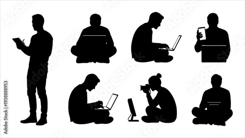 Silhouetted people using various devices in different poses and settings