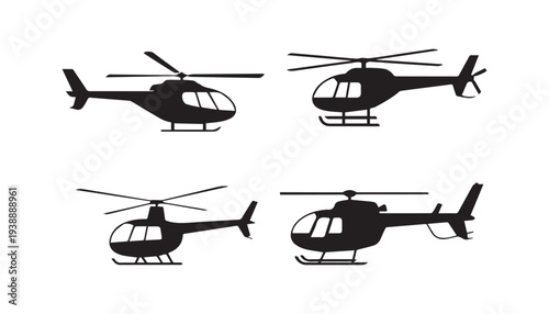 black color helicopter set of silhouette vector illustration, solid white background
